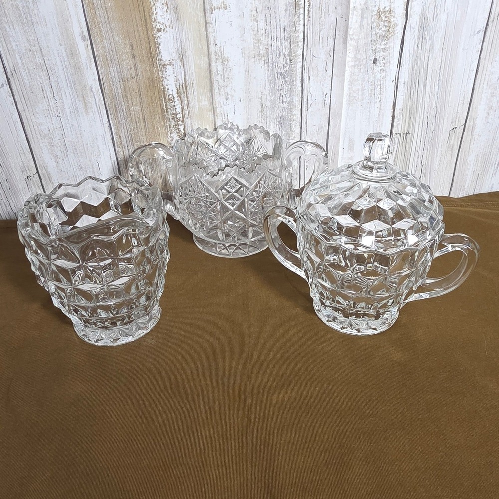 Vintage Fostoria American Clear Glass Creamer and Sugar Bowl Set Diamond Point - Picture 2 of 11